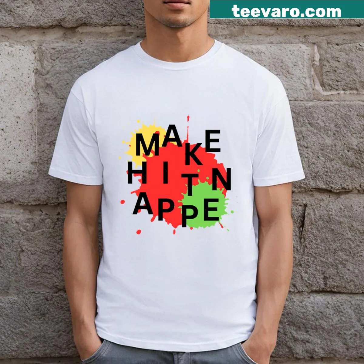 Motivational typography graphic saying Make It Happen on a T-shirt — on a men's t-shirt