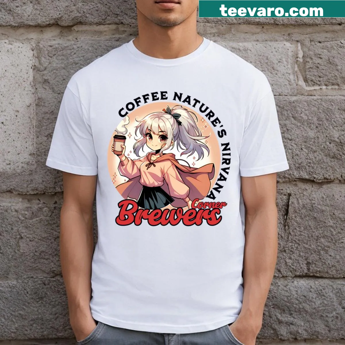 Anime-inspired graphic with coffee cup and superhero elements — on a men's t-shirt