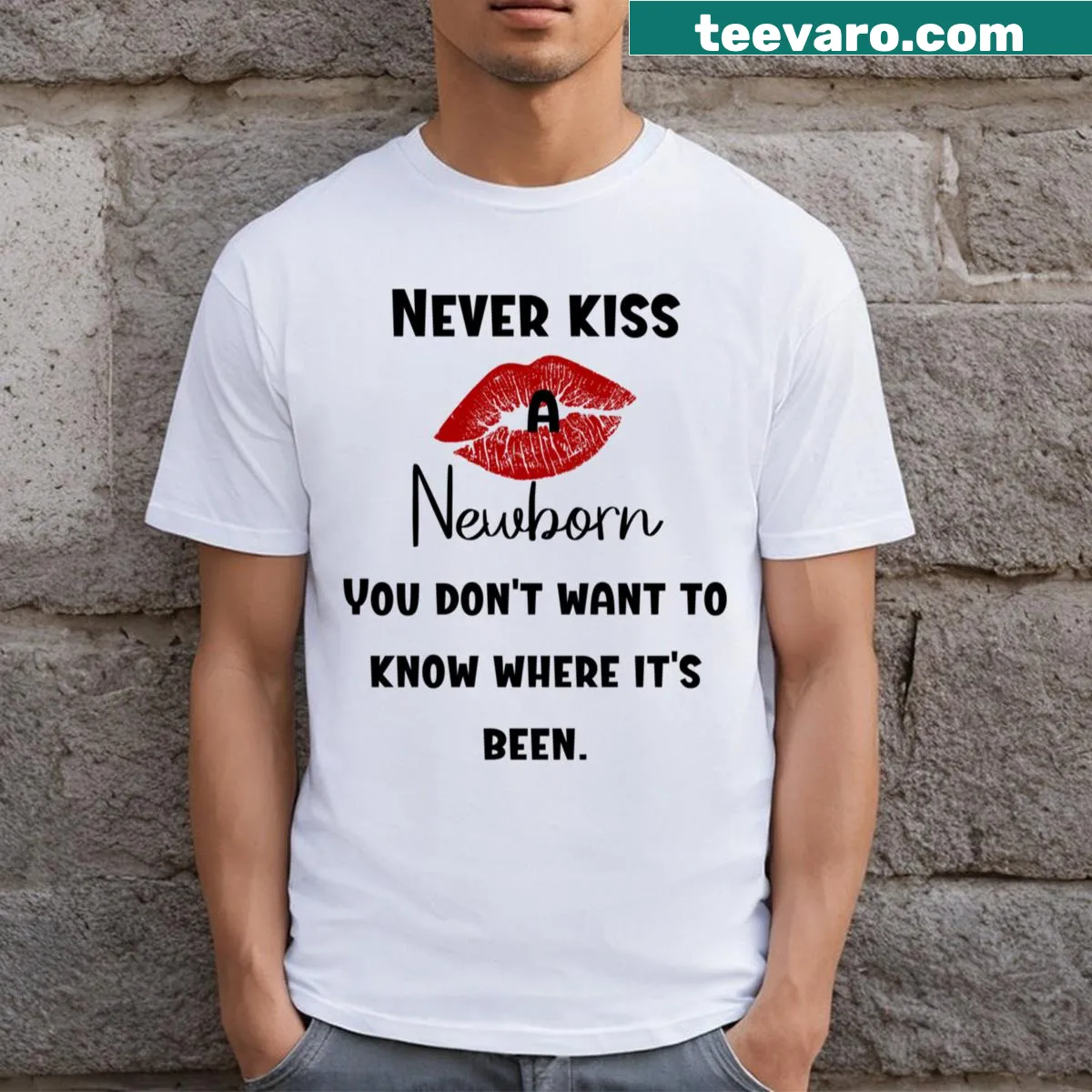 Whimsical text cautioning against kissing newborns — on a men's t-shirt