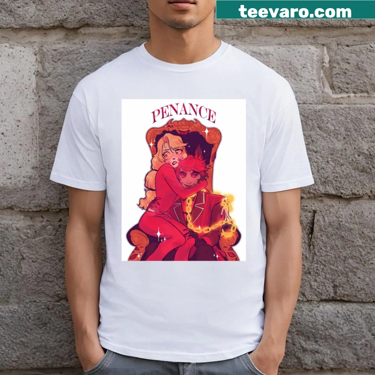 Minimalist typographic design on Penance T-shirt — on a men's t-shirt