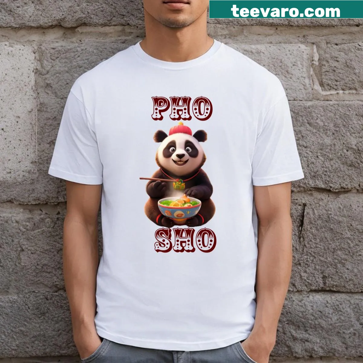 T-shirt with a humorous panda graphic and 'Pho Sho' text — on a men's t-shirt