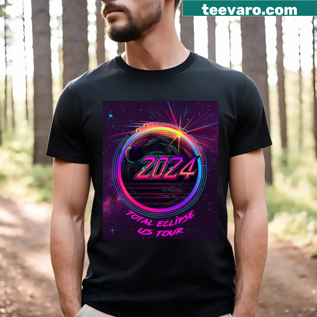 Synthwave style solar eclipse graphic T-shirt for space enthusiasts — on a men's t-shirt