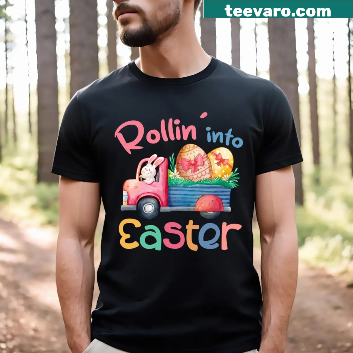 Funny kids' Easter t-shirt with playful graphics and text — on a men's t-shirt