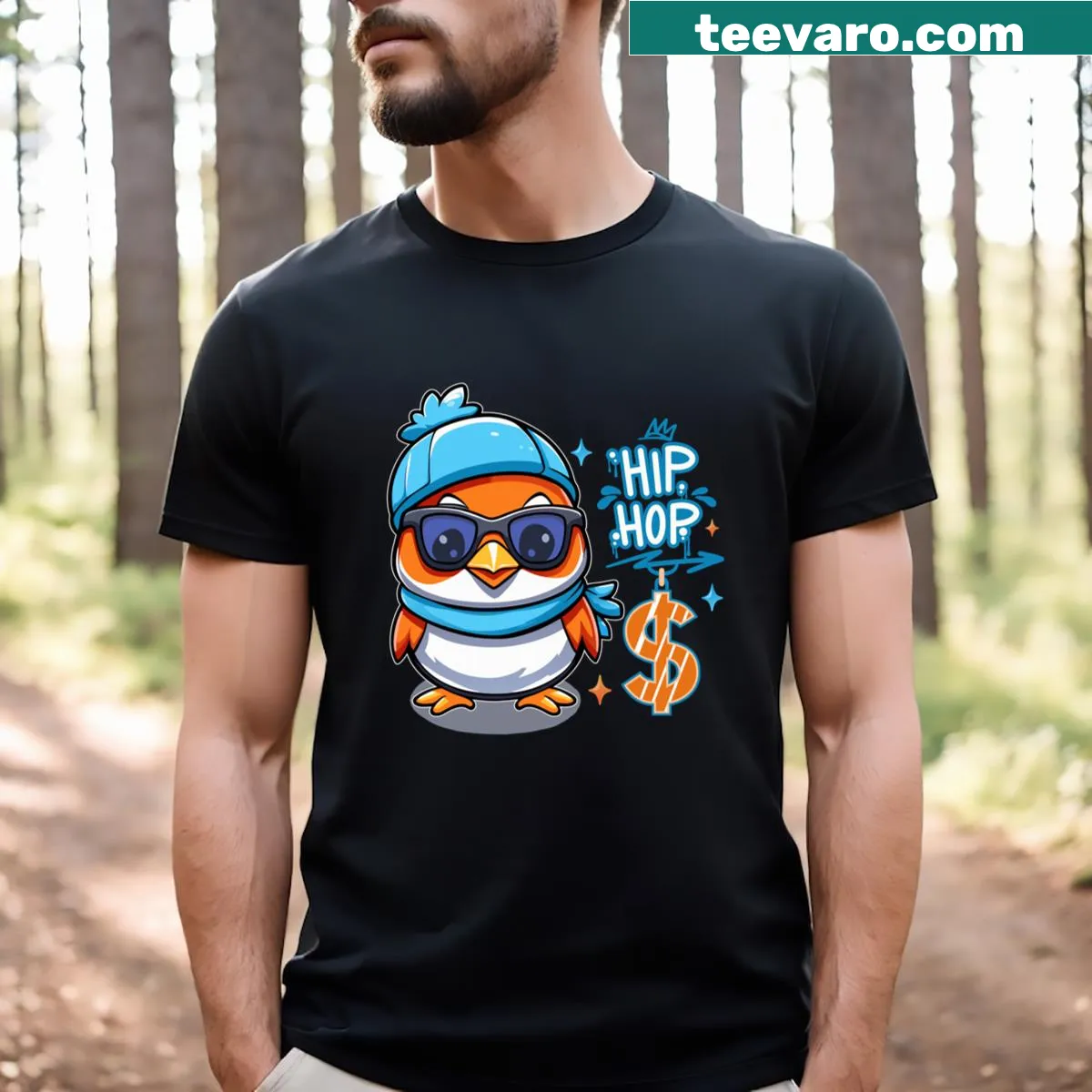 Cartoon rooster chick in hip-hop style on a T-shirt — on a men's t-shirt