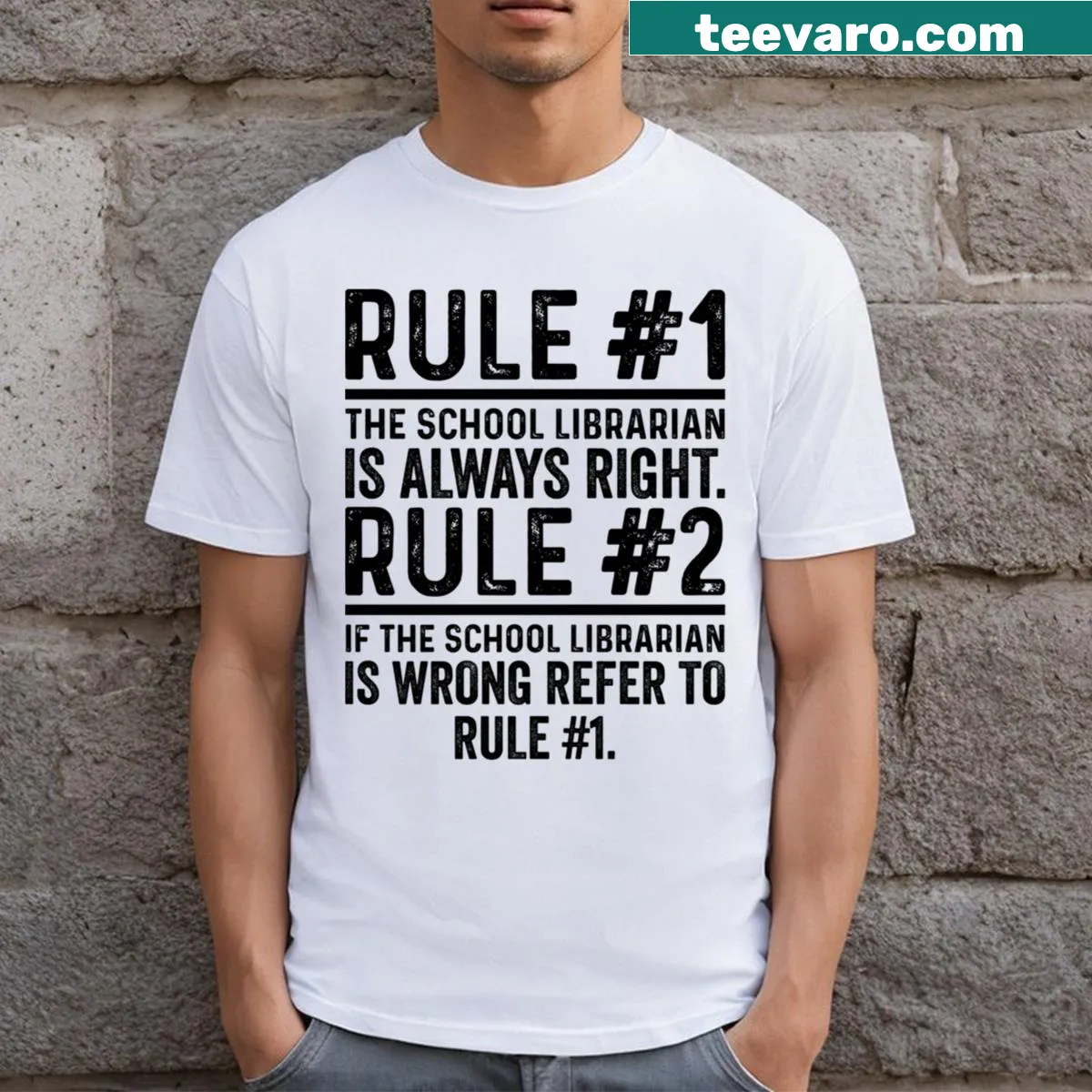 Funny librarian t-shirt with text 'Rule No 1: The School Librarian Is Always Right' — on a men's t-shirt