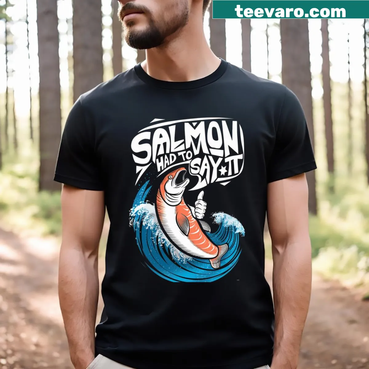 Typographic design with a clever salmon-related phrase — on a men's t-shirt