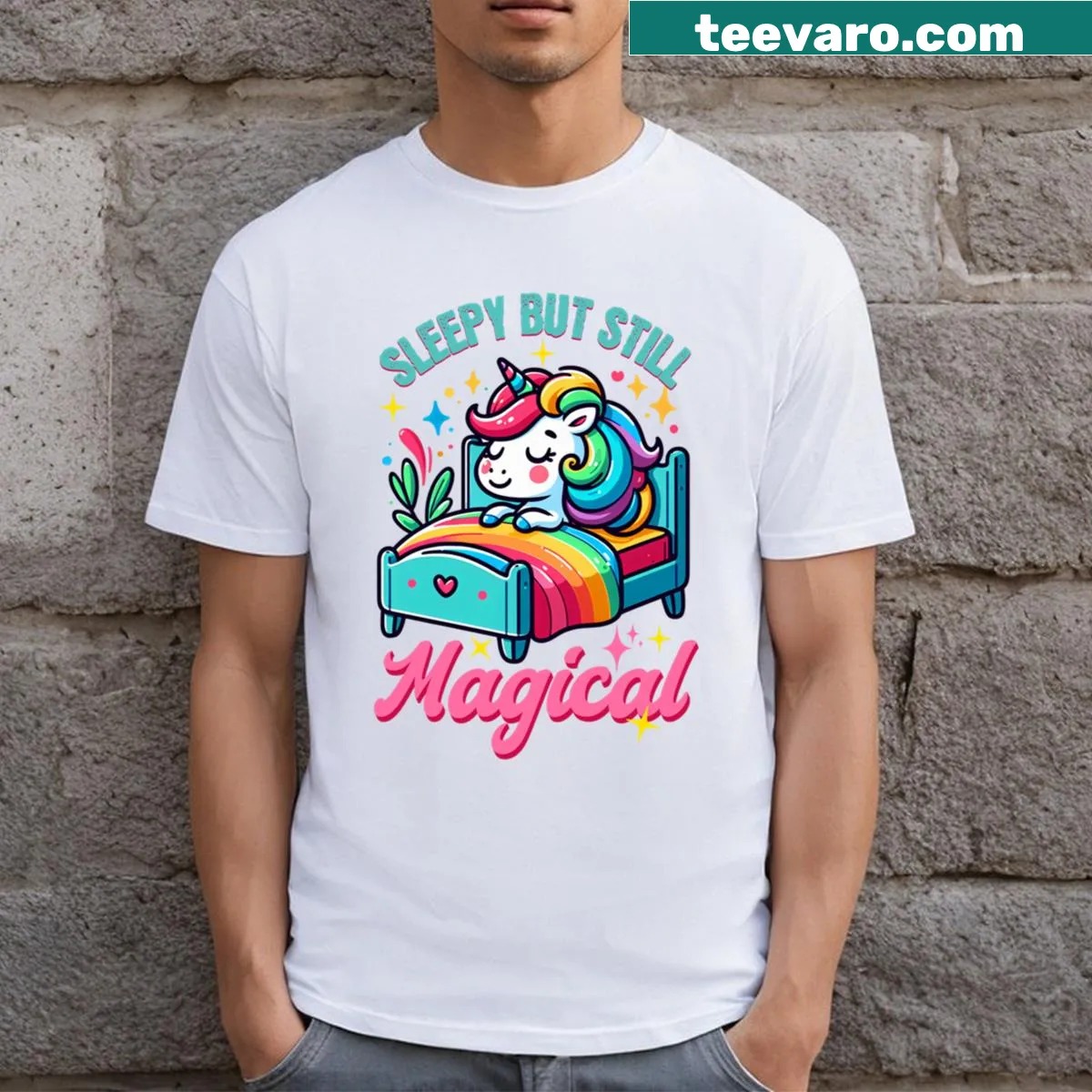 Cute unicorn T-shirt with a sleepy unicorn graphic — on a men's t-shirt