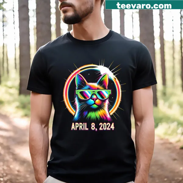 Cartoon cat wearing eclipse glasses graphic T-shirt