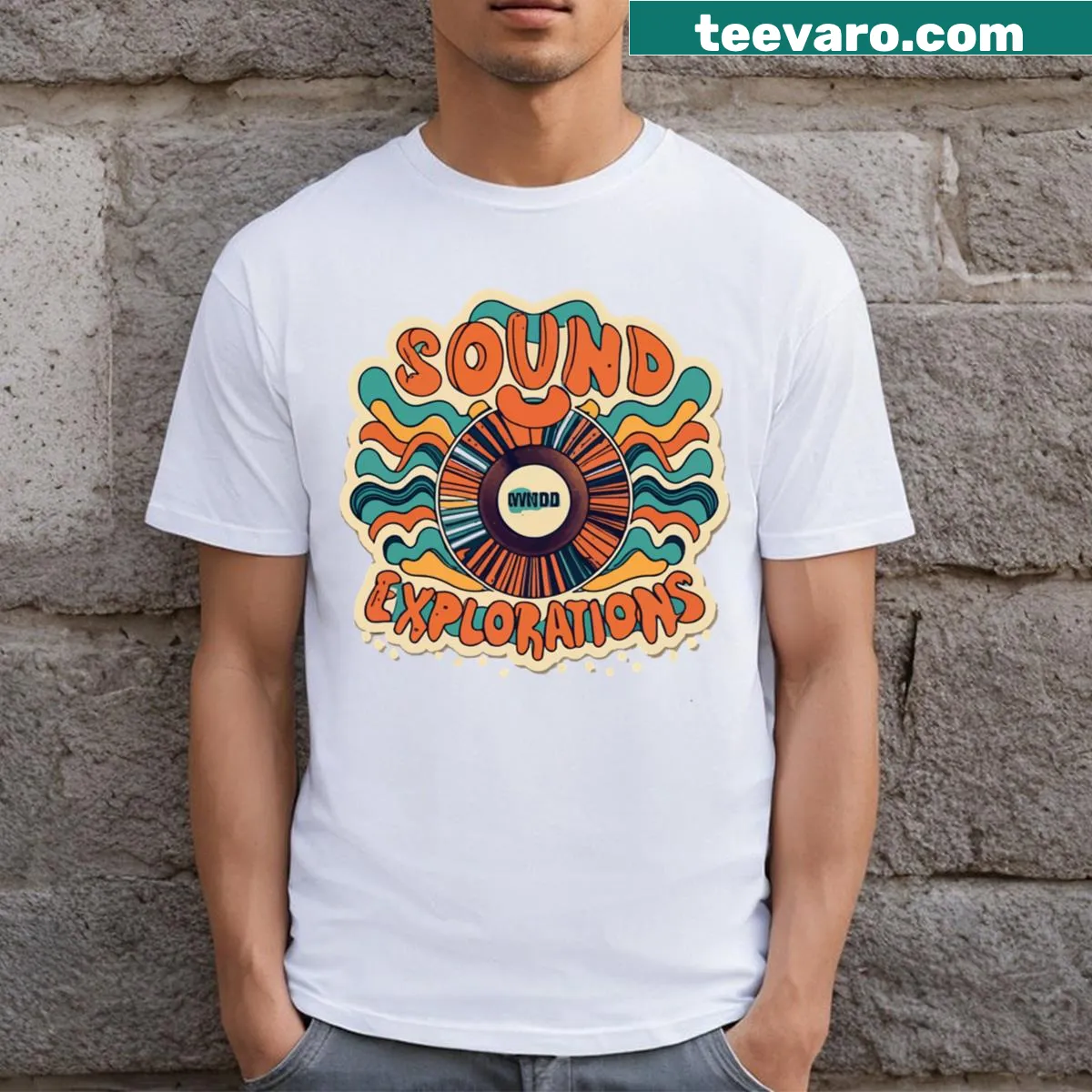 T-shirt with a vinyl disc graphic design — on a men's t-shirt