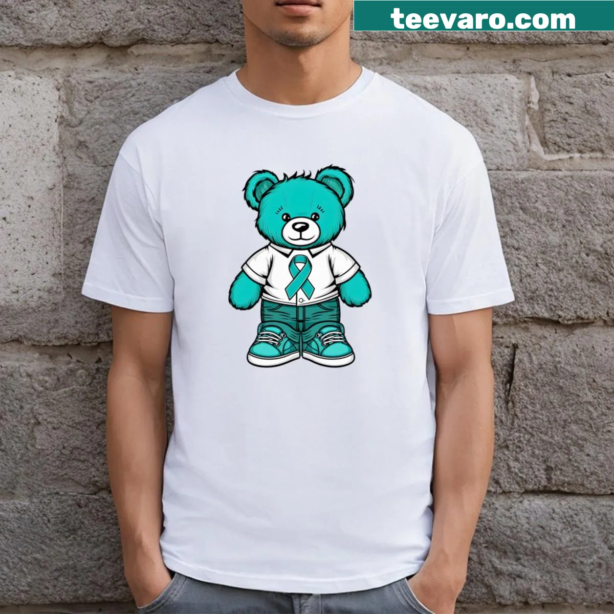 Illustrated teddy bear t-shirt with trigeminal awareness ribbon — on a men's t-shirt