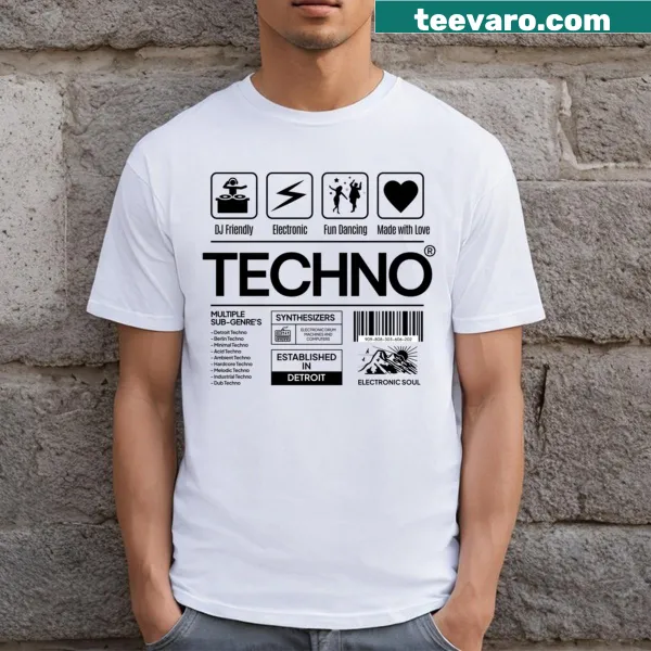 Black t-shirt featuring a bold techno product label graphic