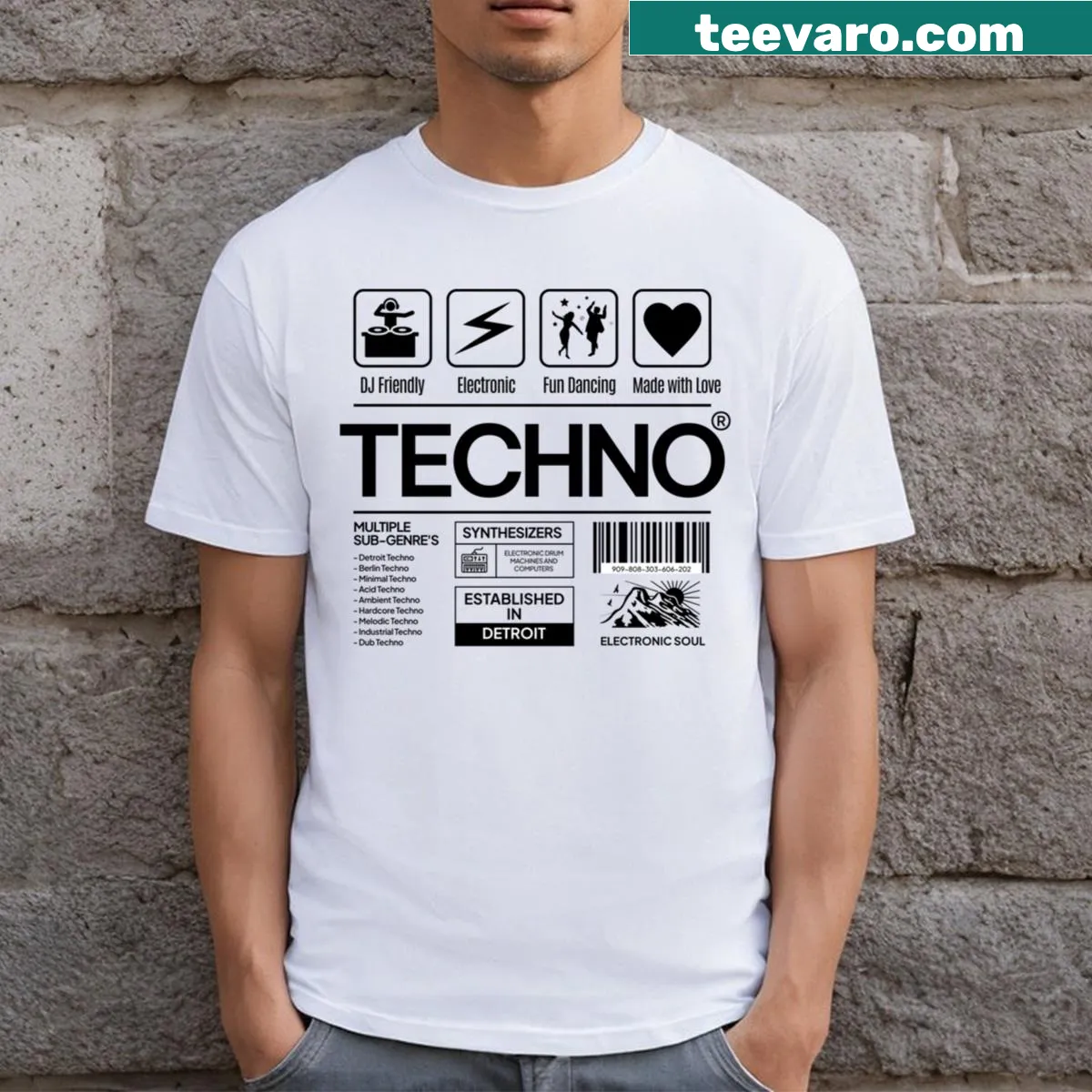 Black t-shirt featuring a bold techno product label graphic — on a men's t-shirt