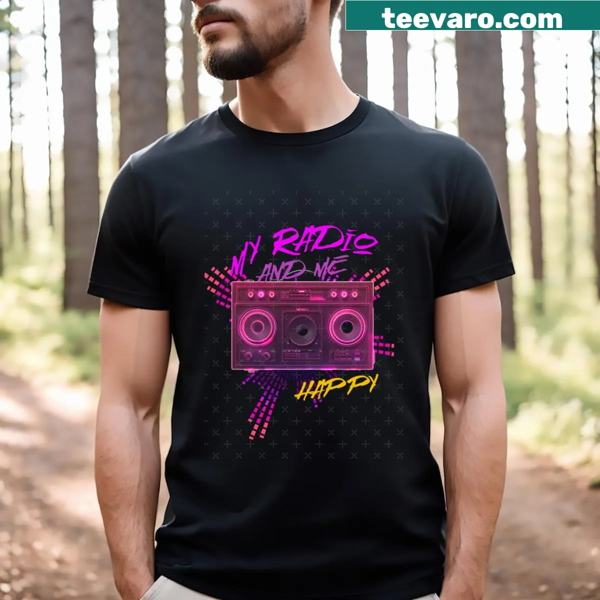 T-shirt featuring text graphic on the evolution of radio and music — on a men's t-shirt