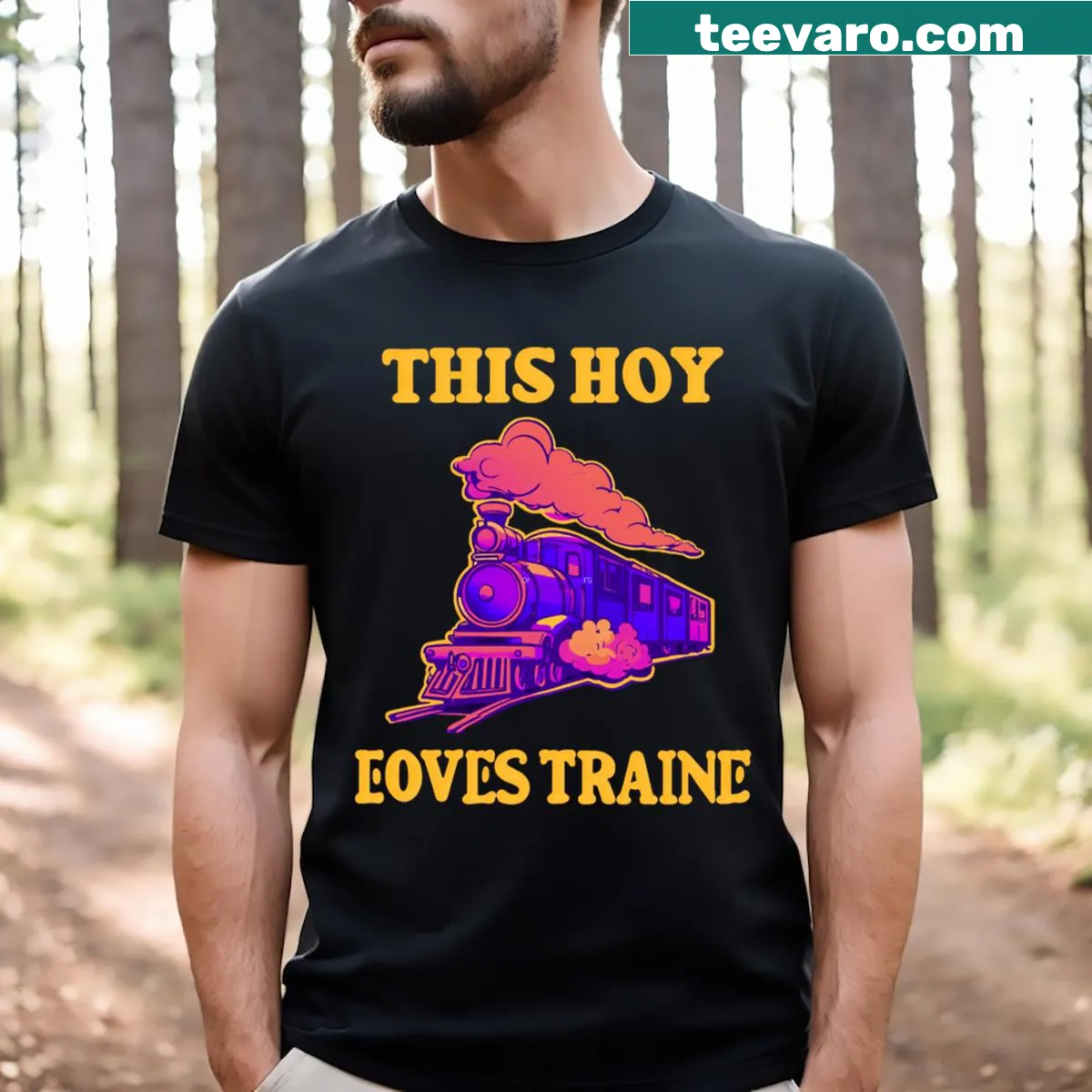 Illustration of a train with text: This Boy Loves Trains — on a men's t-shirt