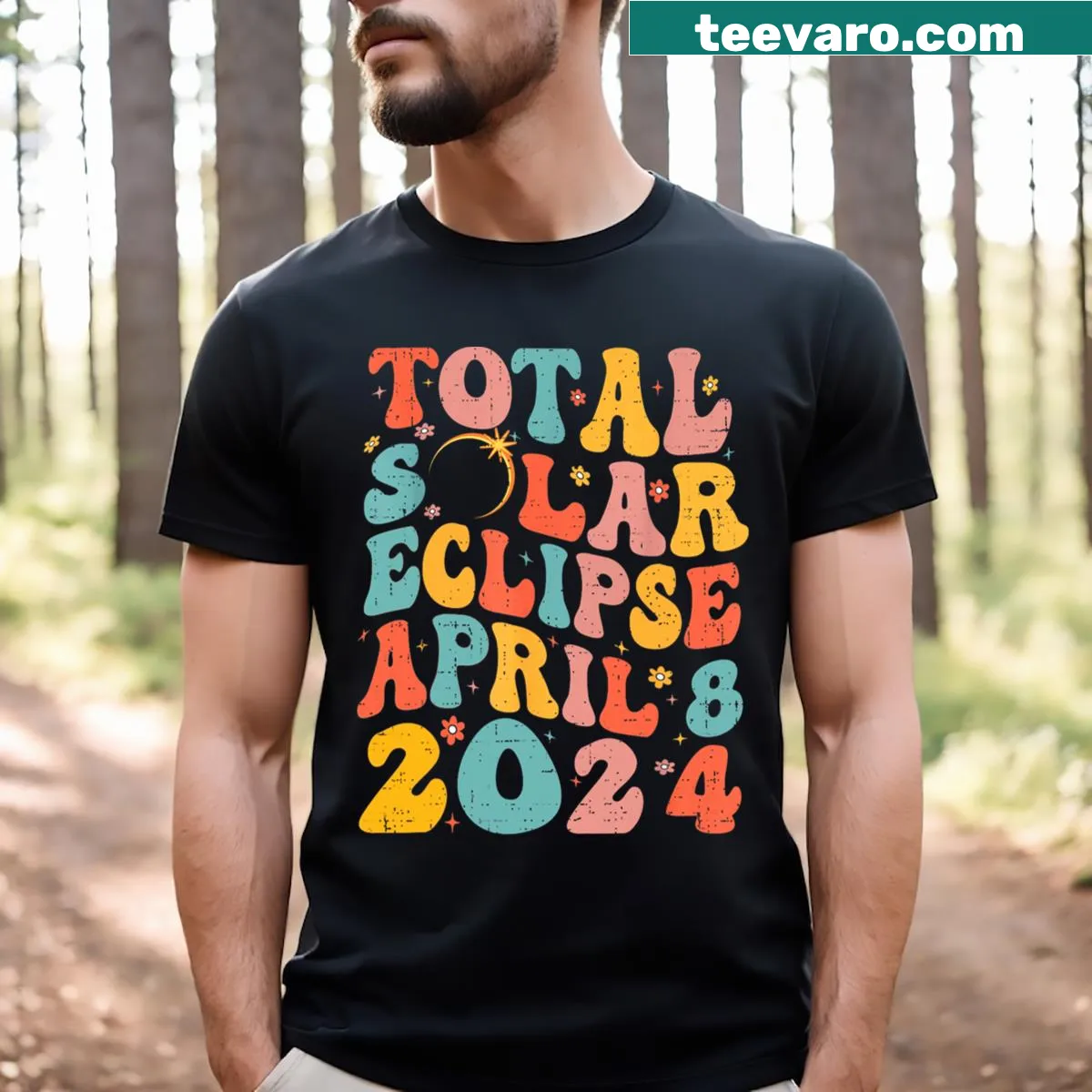 Groovy retro T-shirt for kids and men celebrating the total solar eclipse 2024 — on a men's t-shirt