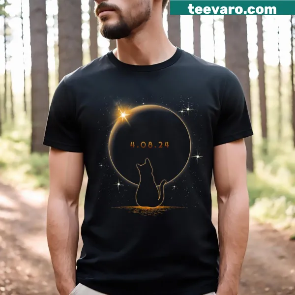 Cute illustrated cat watching an eclipse on a T-shirt for cat lovers
