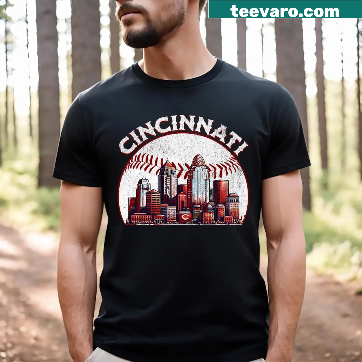 Vintage T-shirt featuring Cincinnati cityscape and baseball design — on a men's t-shirt
