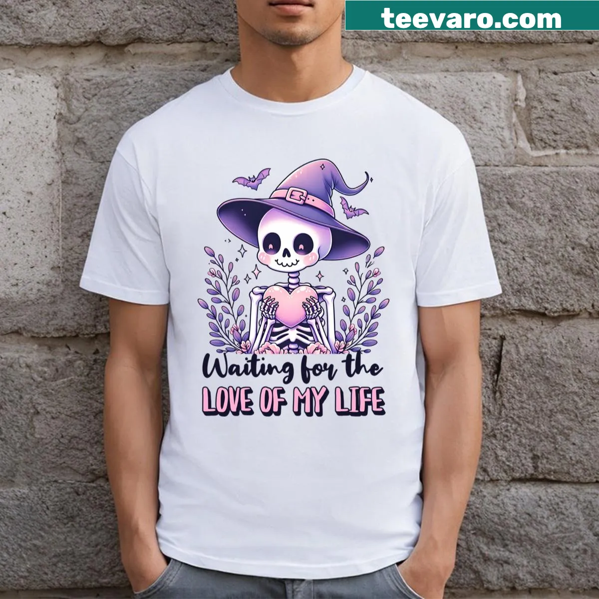 Cute skeleton design waiting for love on a humorous t-shirt — on a men's t-shirt