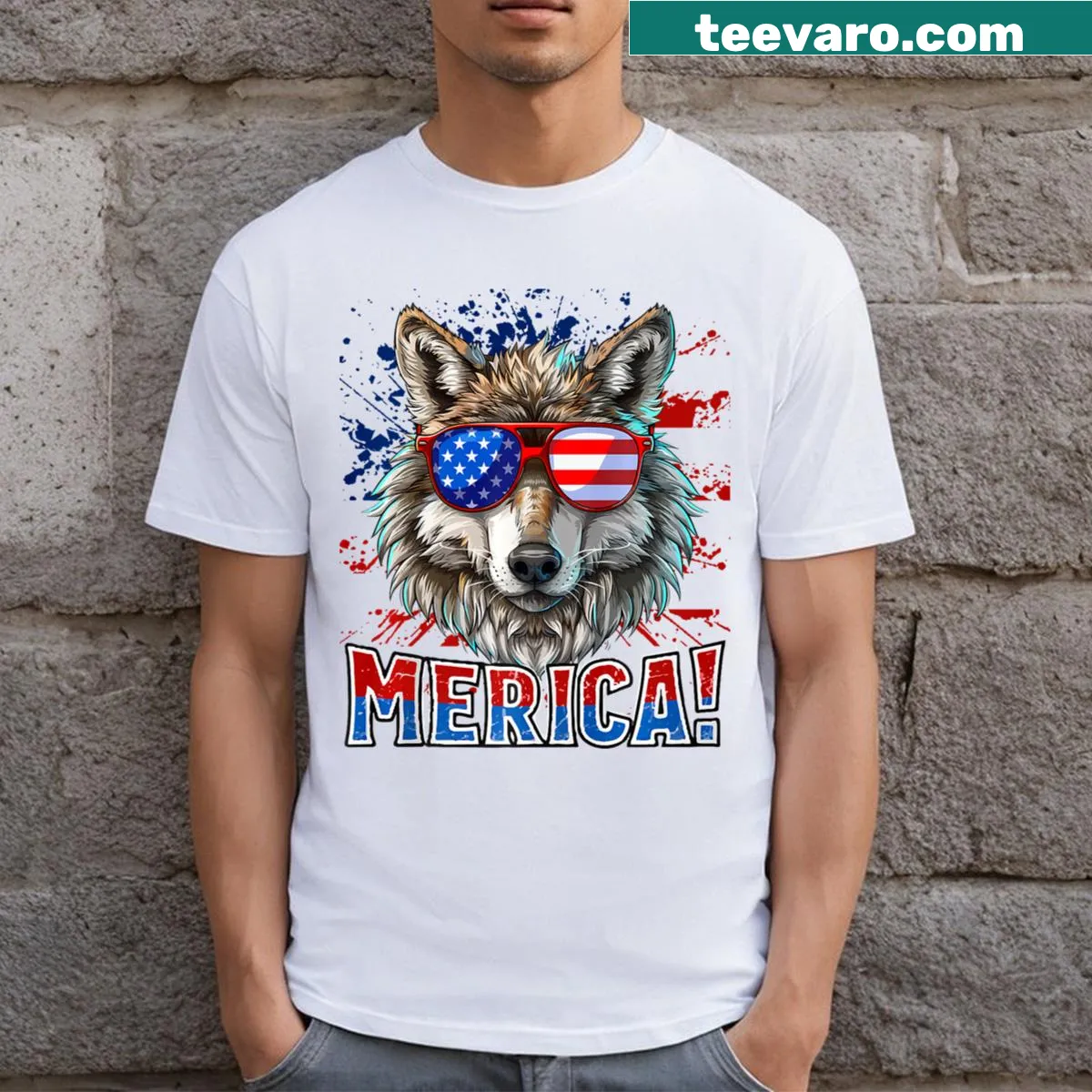 4th Of July T-shirt featuring a wolf with American flag design — on a men's t-shirt