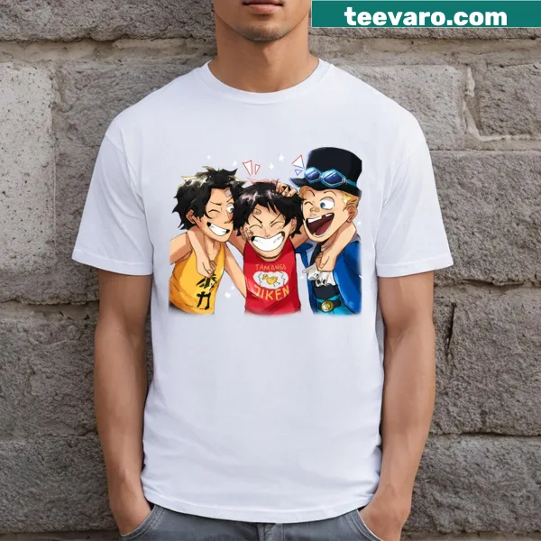 Illustration of Ace, Luffy, and Sabo from anime on a t-shirt