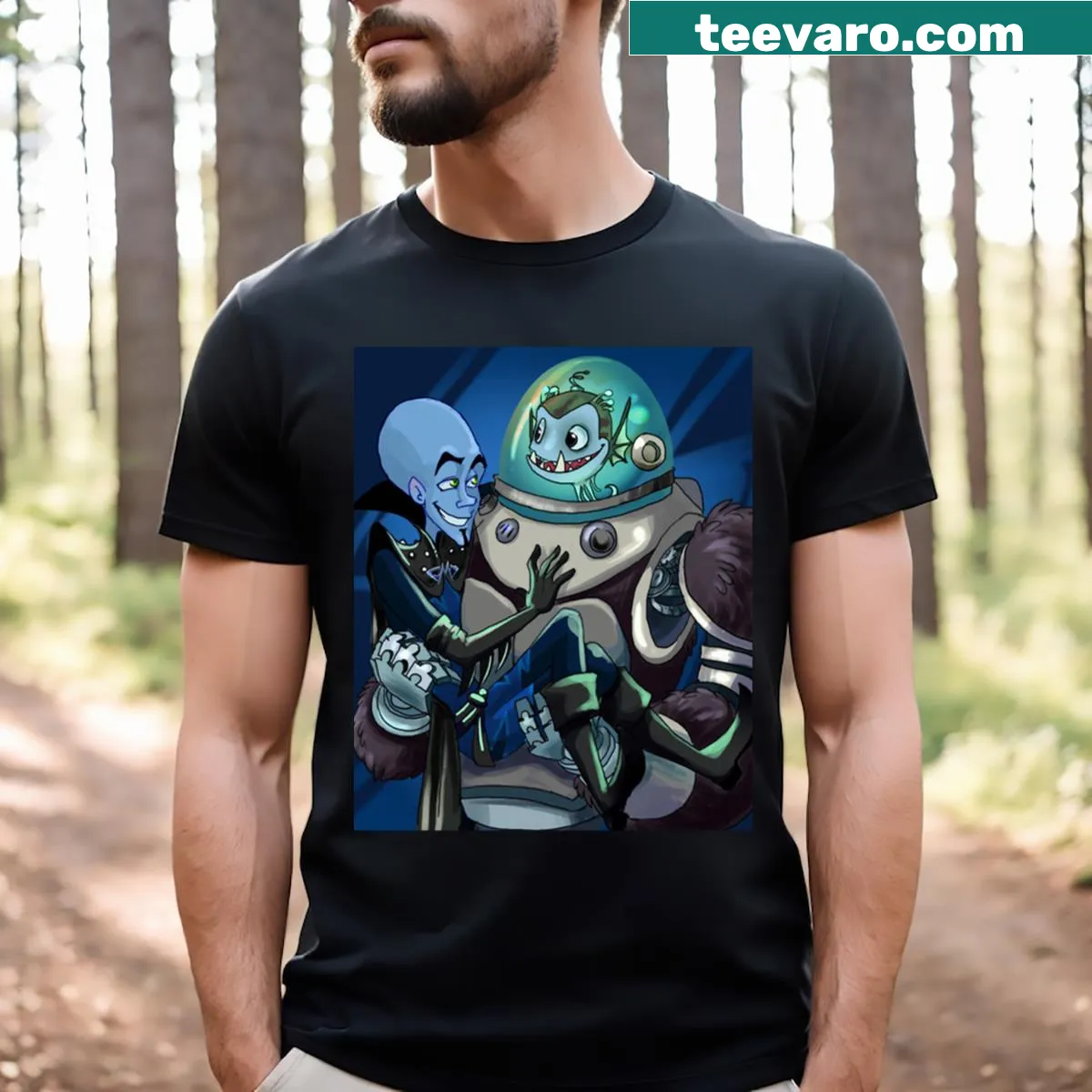Whimsical T-shirt inspired by Megamind with playful art graphics — on a men's t-shirt