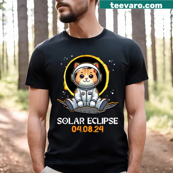 Astronaut cat design for solar eclipse on T-shirt for men and kids