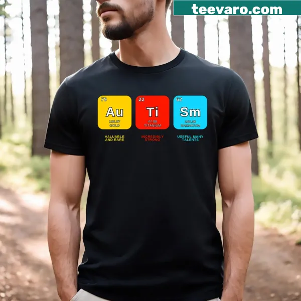 Periodic table elements illustrated on a T-shirt promoting autism awareness for kids