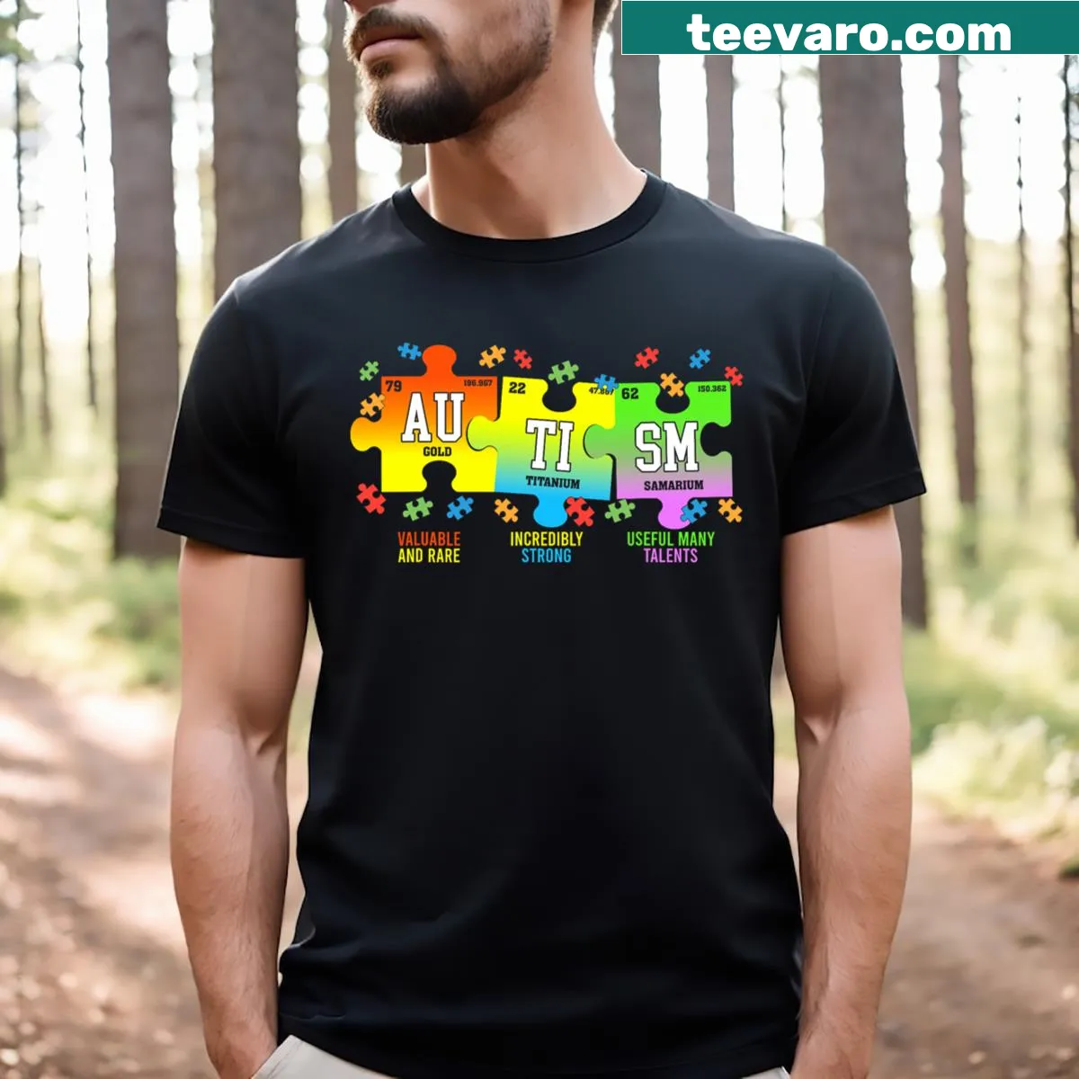 Periodic table design featuring ASD for autism awareness on T-shirt. — on a men's t-shirt