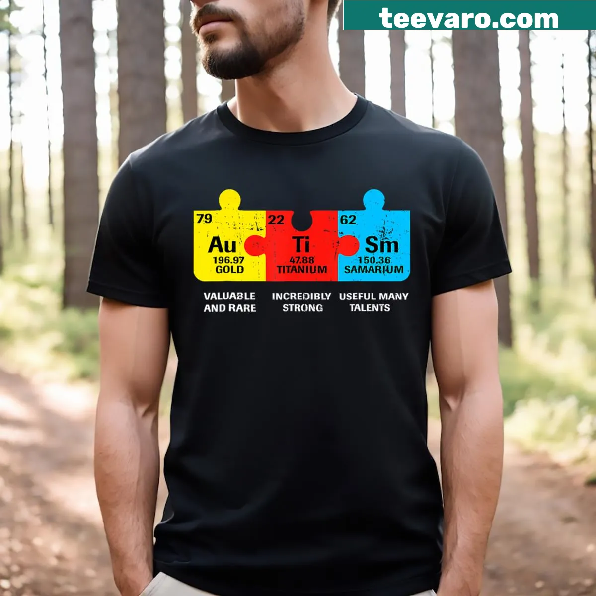 Periodic table design symbolizing autism awareness on a T-shirt. — on a men's t-shirt