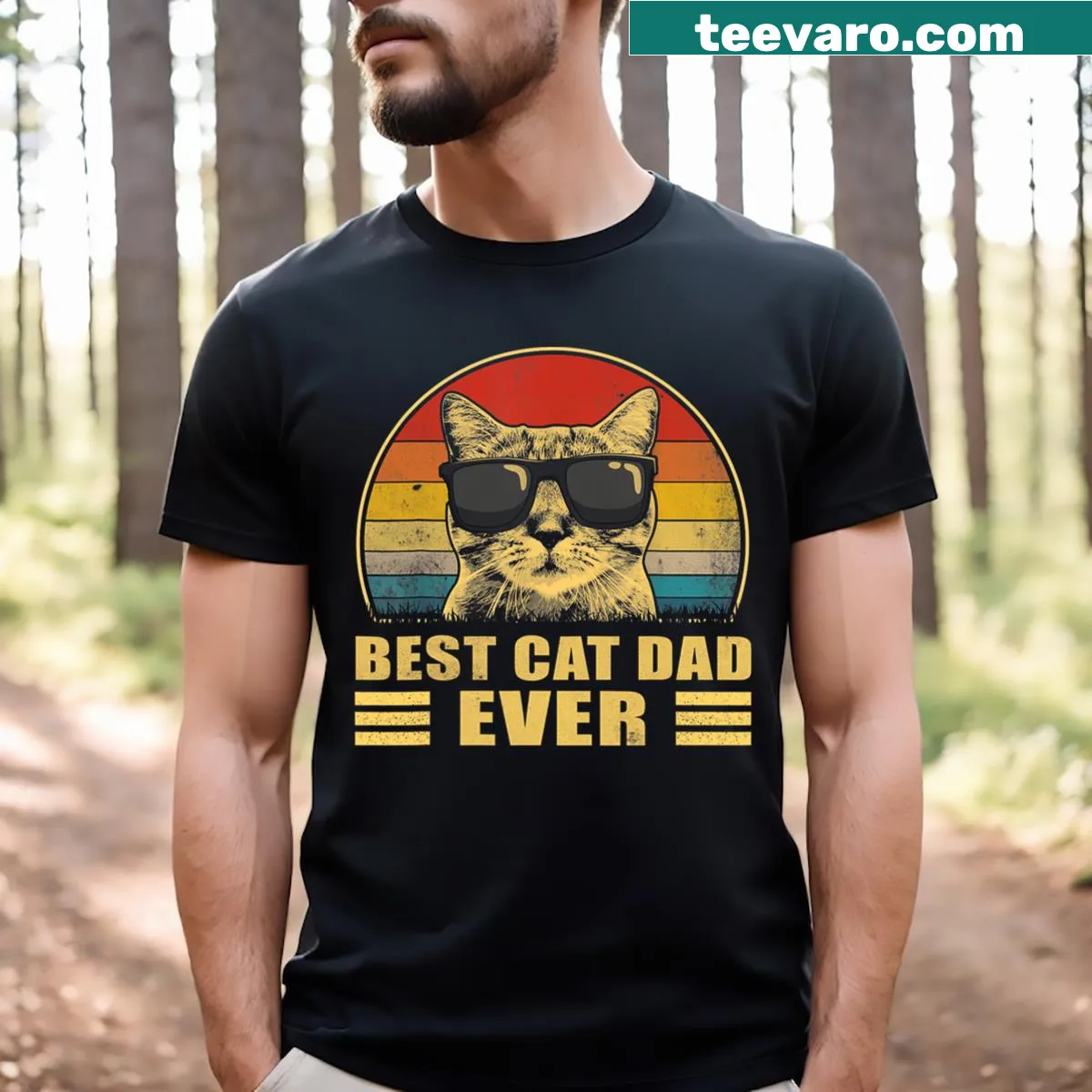 T-shirt for cat dads that says 'Best Cat Dad Ever' in elegant typography — on a men's t-shirt