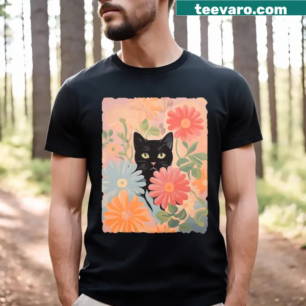 Illustrated t-shirt featuring a black cat surrounded by flowers