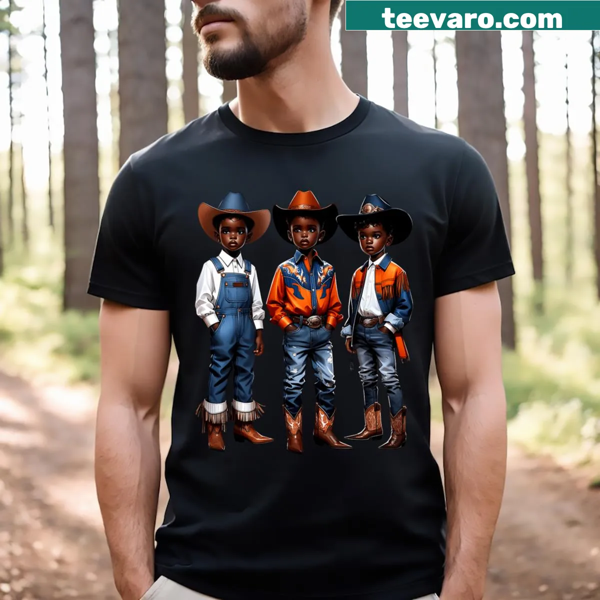Illustrative cowboy graphic on a T-shirt celebrating Black history. — on a men's t-shirt