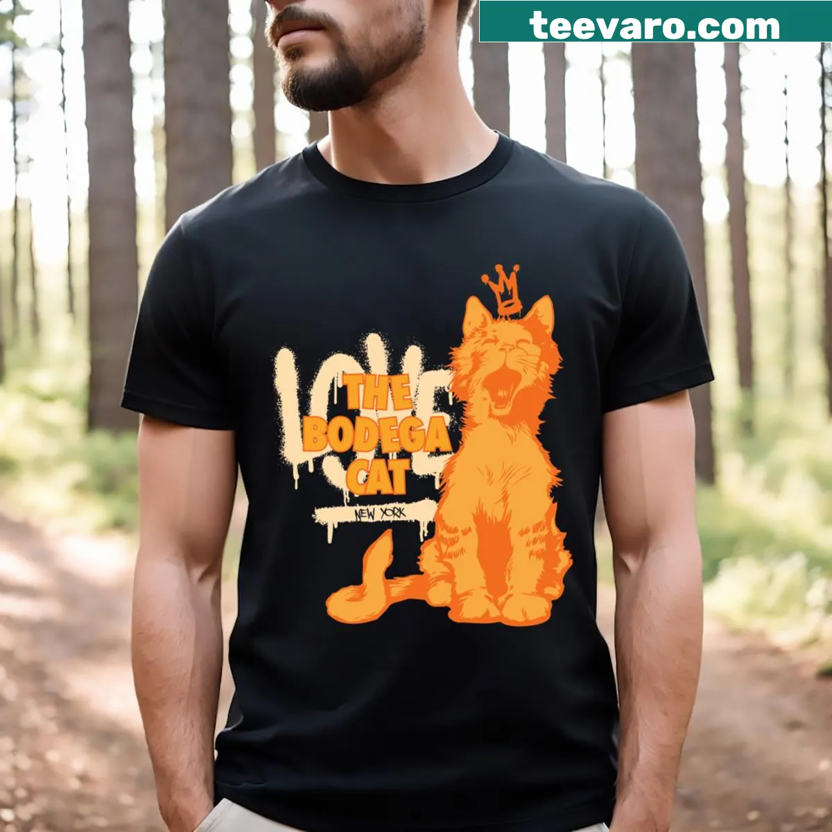 Illustration of an orange cat in a bodega setting on a T-shirt. — on a men's t-shirt