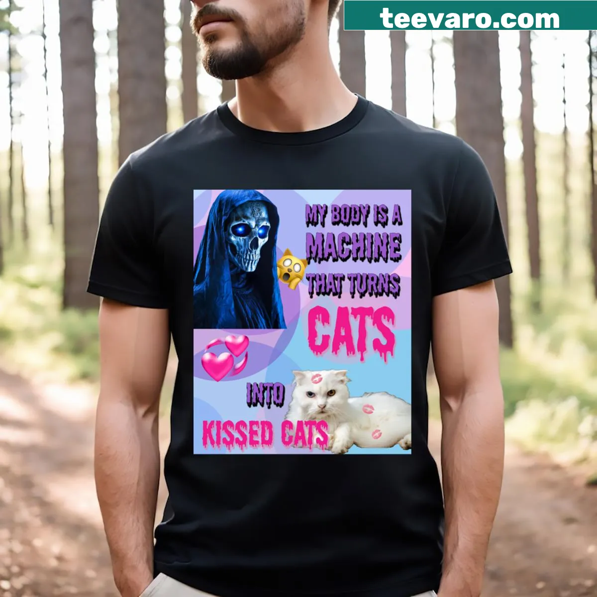 Illustration of two kissing cats designed in a body machine theme — on a men's t-shirt