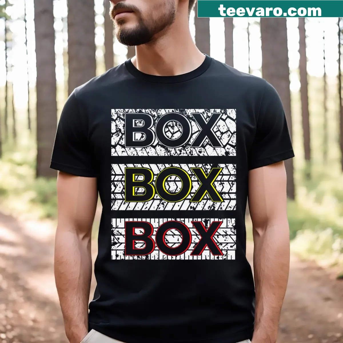 F1 racing T-shirt featuring cars and Grand Prix circuit design — on a men's t-shirt