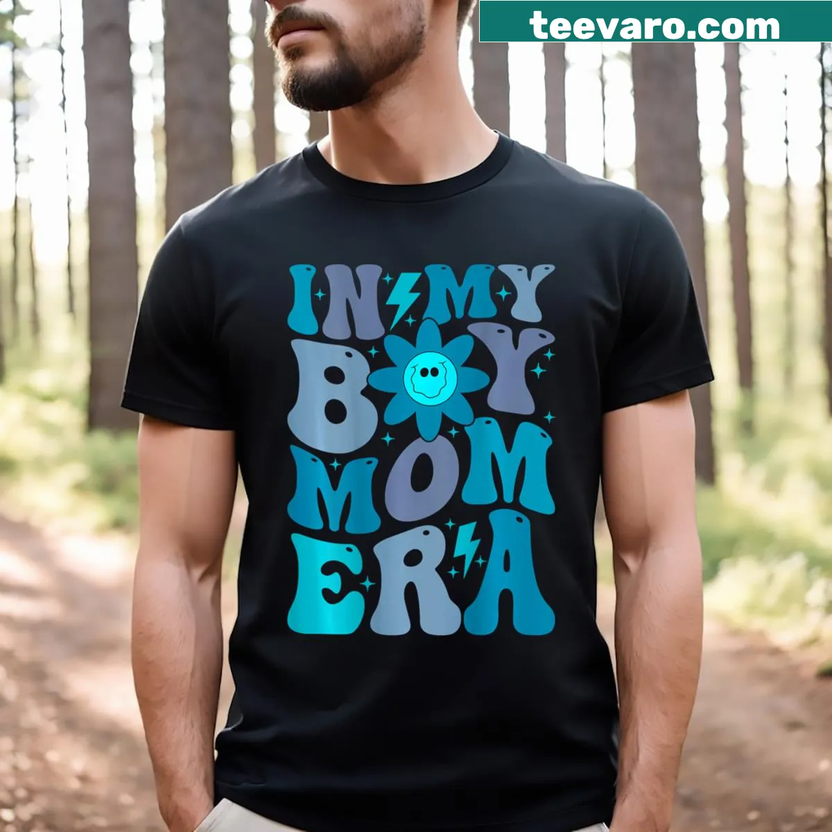 Boy Mom Era t-shirt with fun typography on the back — on a men's t-shirt
