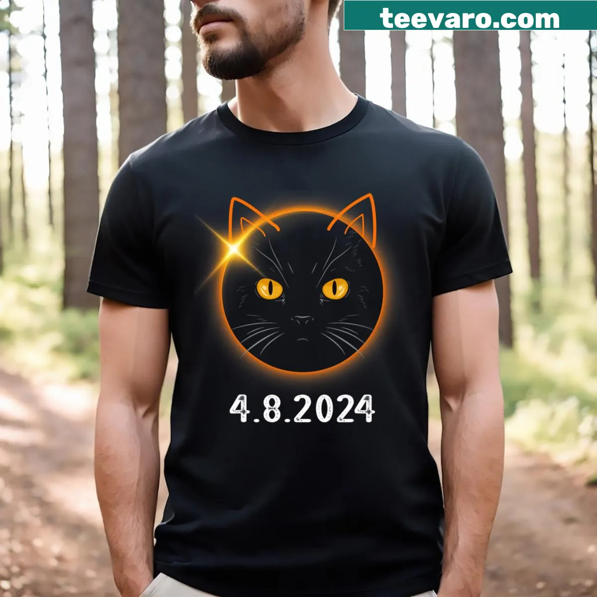 Whimsical cat in front of the sun for Total Solar Eclipse T-shirt — on a men's t-shirt