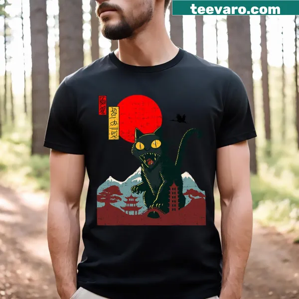 Catzilla cat illustration T-shirt inspired by Japanese art