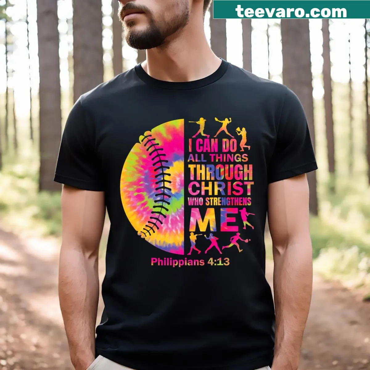 Inspirational Christian Softball T-shirt with motivational text — on a men's t-shirt
