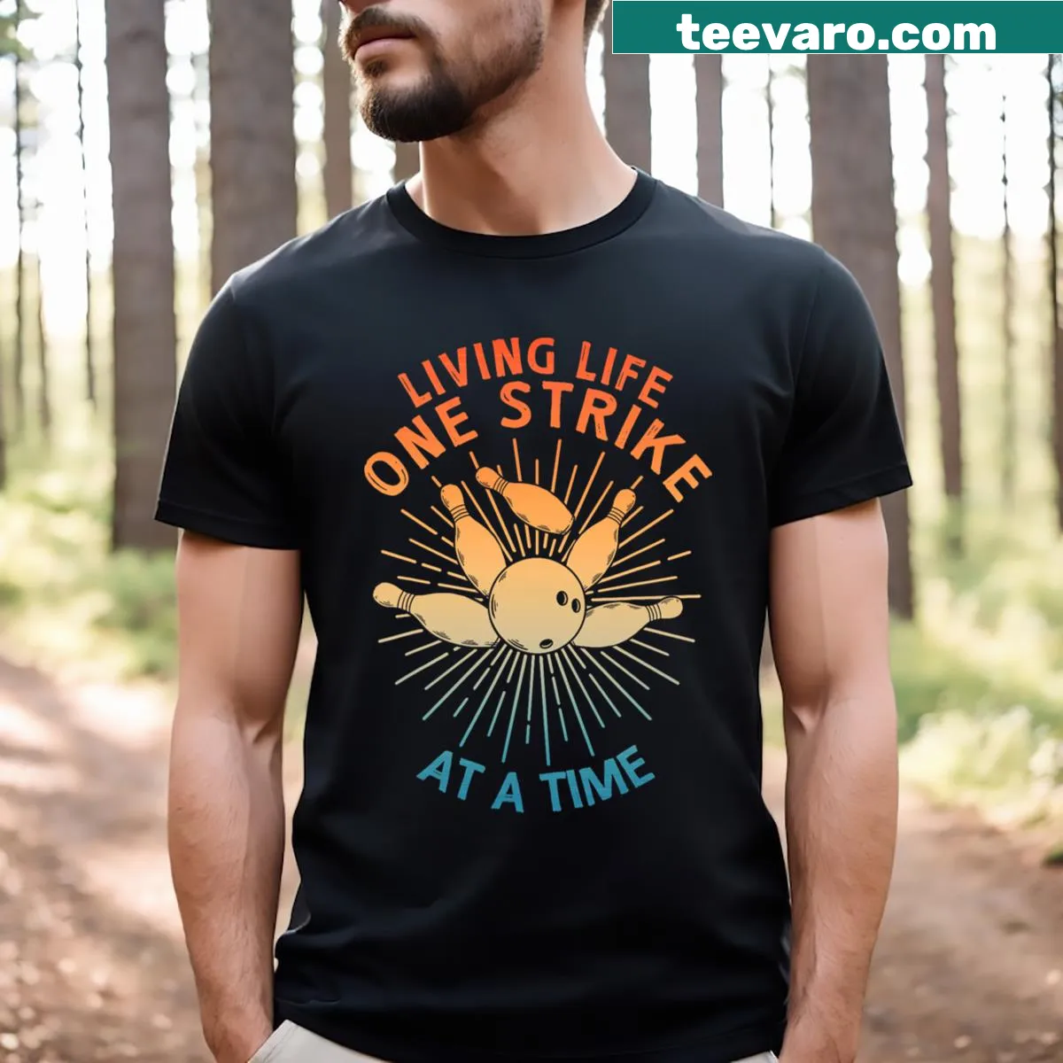 Bowling-themed illustration printed on a T-shirt — on a men's t-shirt