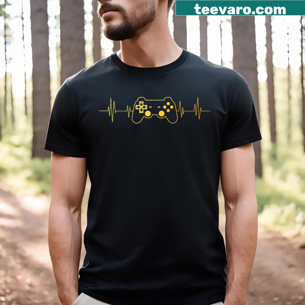 Graphic T-shirt featuring fun gaming illustrations and symbols — on a men's t-shirt