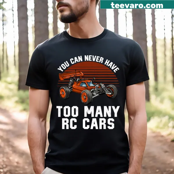 Dynamic illustration of RC cars on a T-shirt for racing fans.