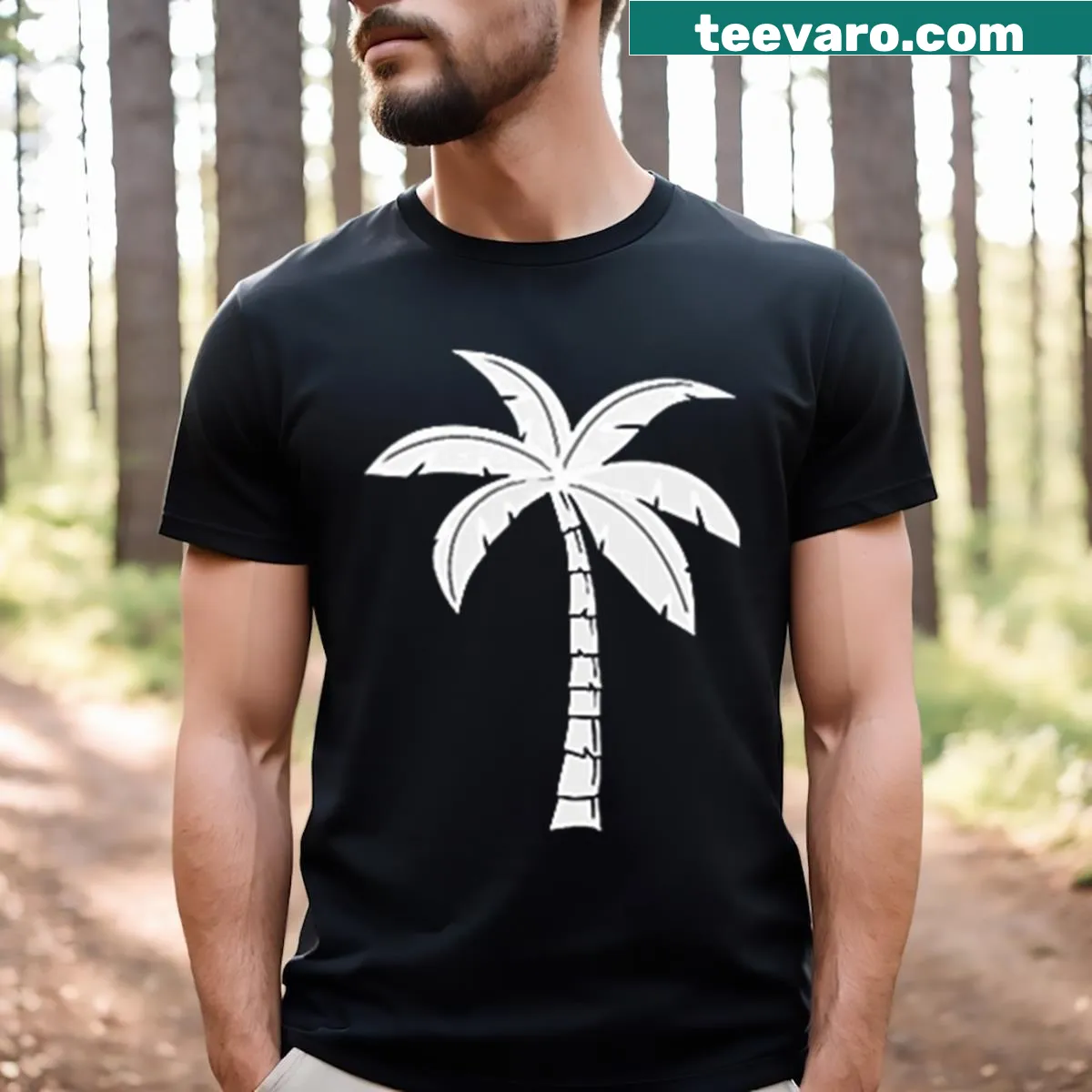 T-shirt featuring a beach scene with palm trees — on a men's t-shirt