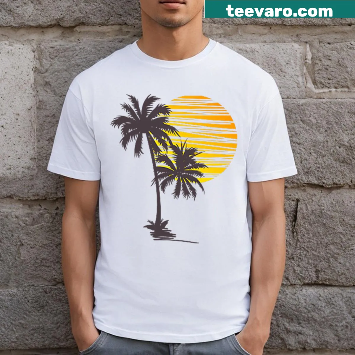 Serene sunset beach graphic with palm trees on a summer t-shirt — on a men's t-shirt