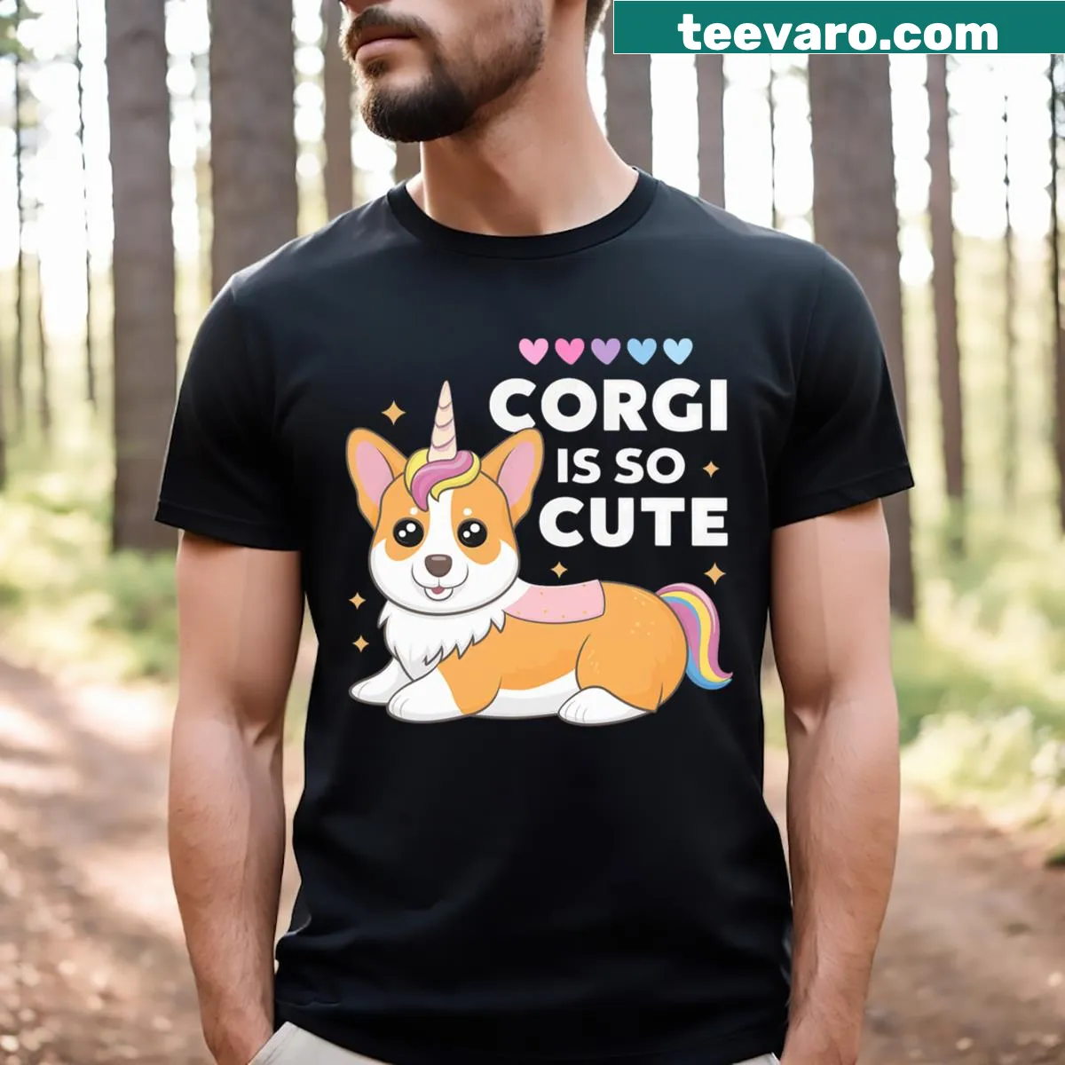 Cute corgi surrounded by unicorn hearts illustration on a t-shirt — on a men's t-shirt