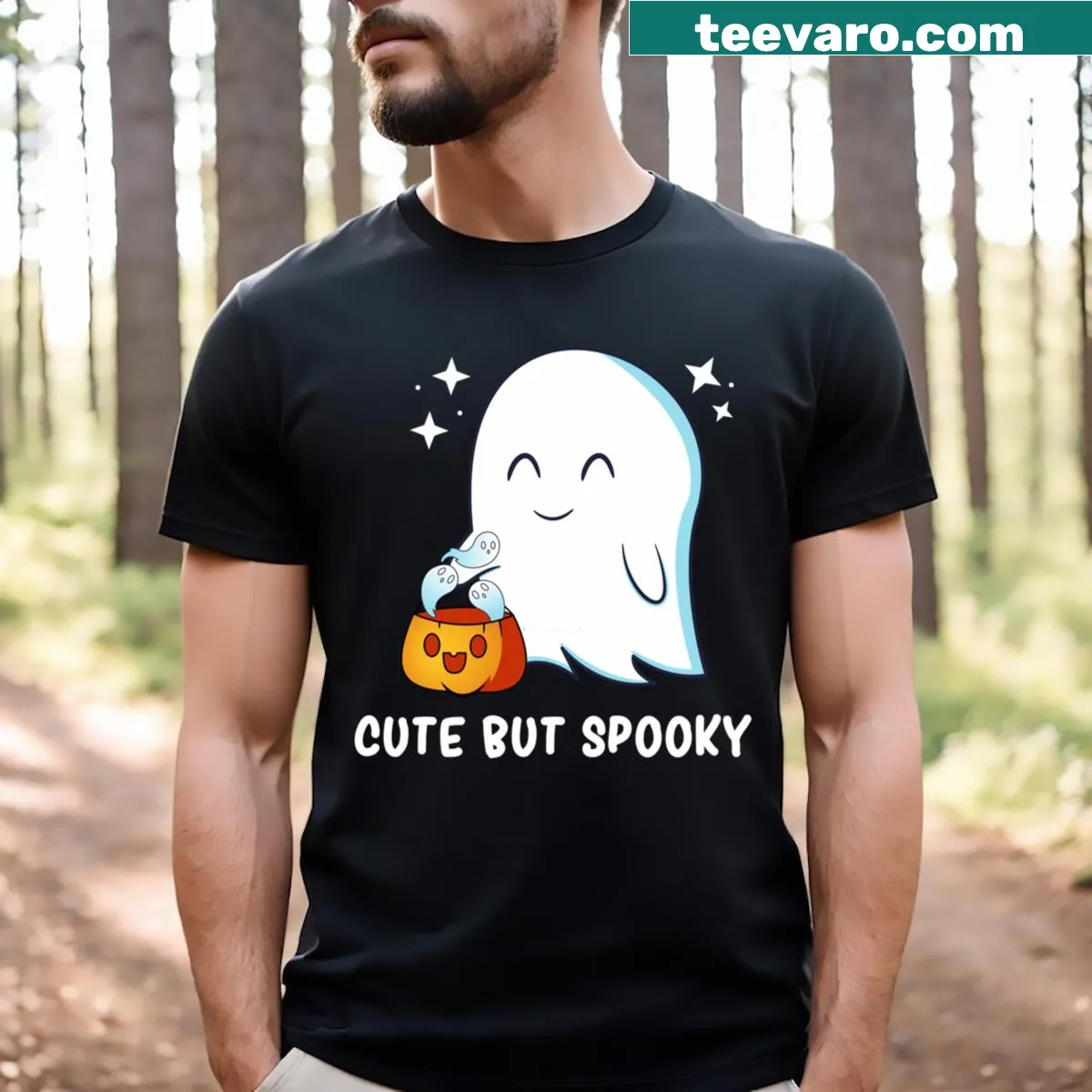 Kawaii ghost graphic for Halloween t-shirt — on a men's t-shirt