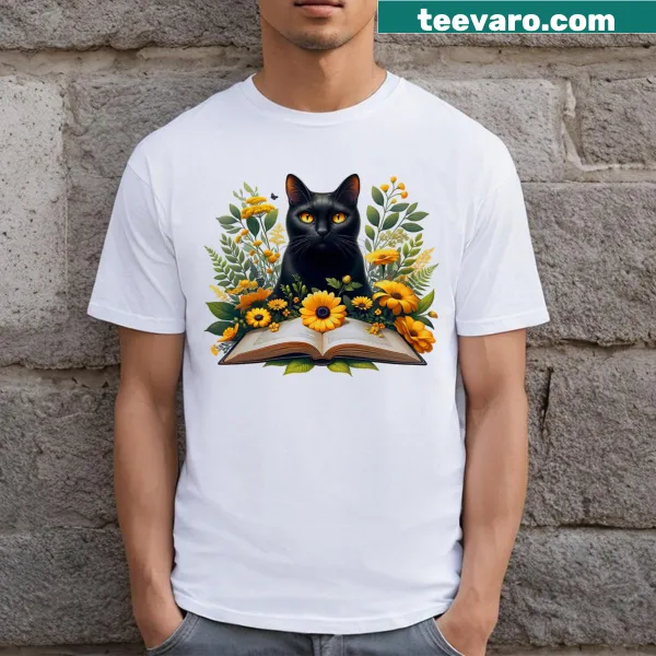 Illustrated cat with books graphic on a T-shirt