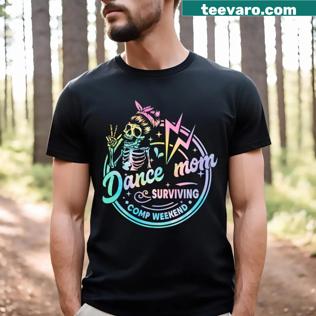 Dance Mom t-shirt with coffee and dance competition text — on a men's t-shirt