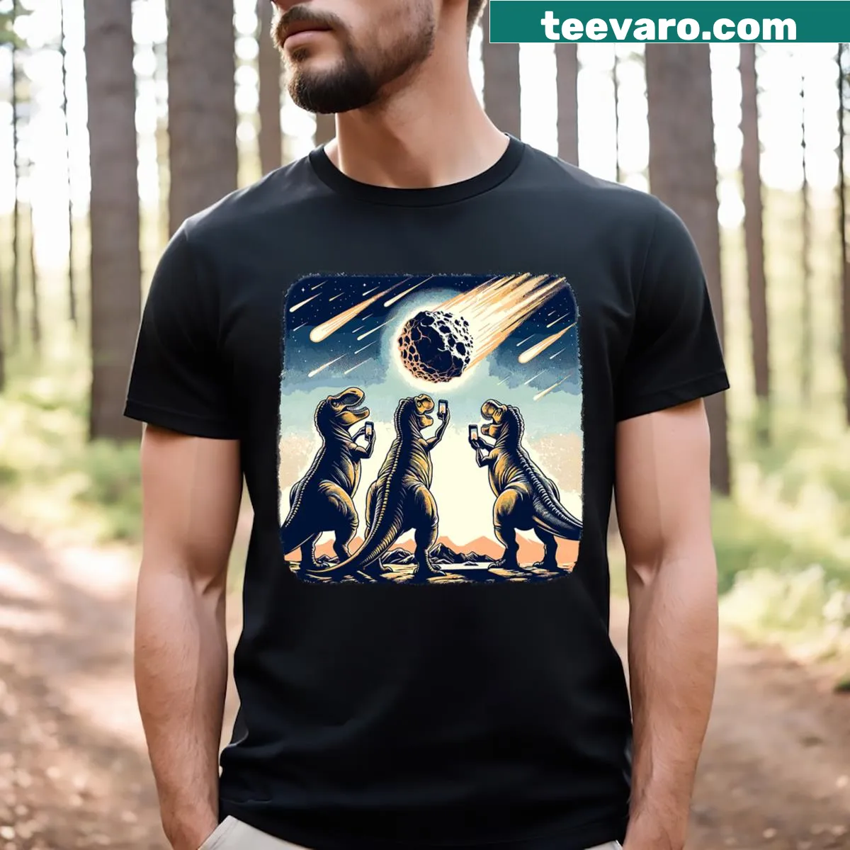 Funny T-Rex taking a selfie cartoon t-shirt design — on a men's t-shirt