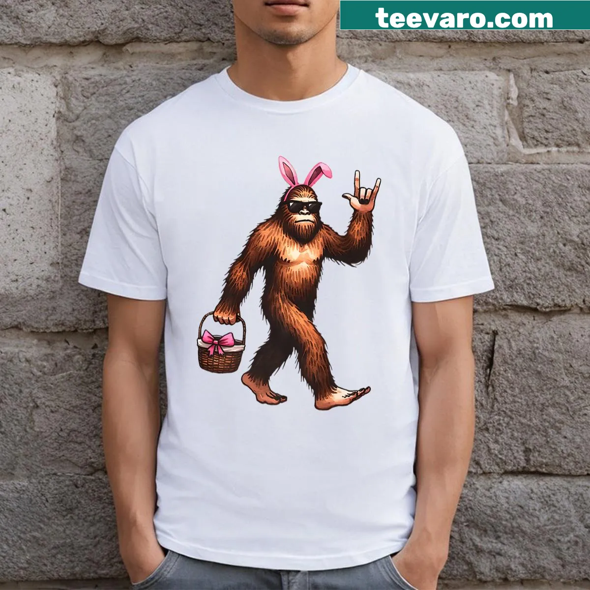 Funny Easter T-shirt featuring Bigfoot as a bunny — on a men's t-shirt